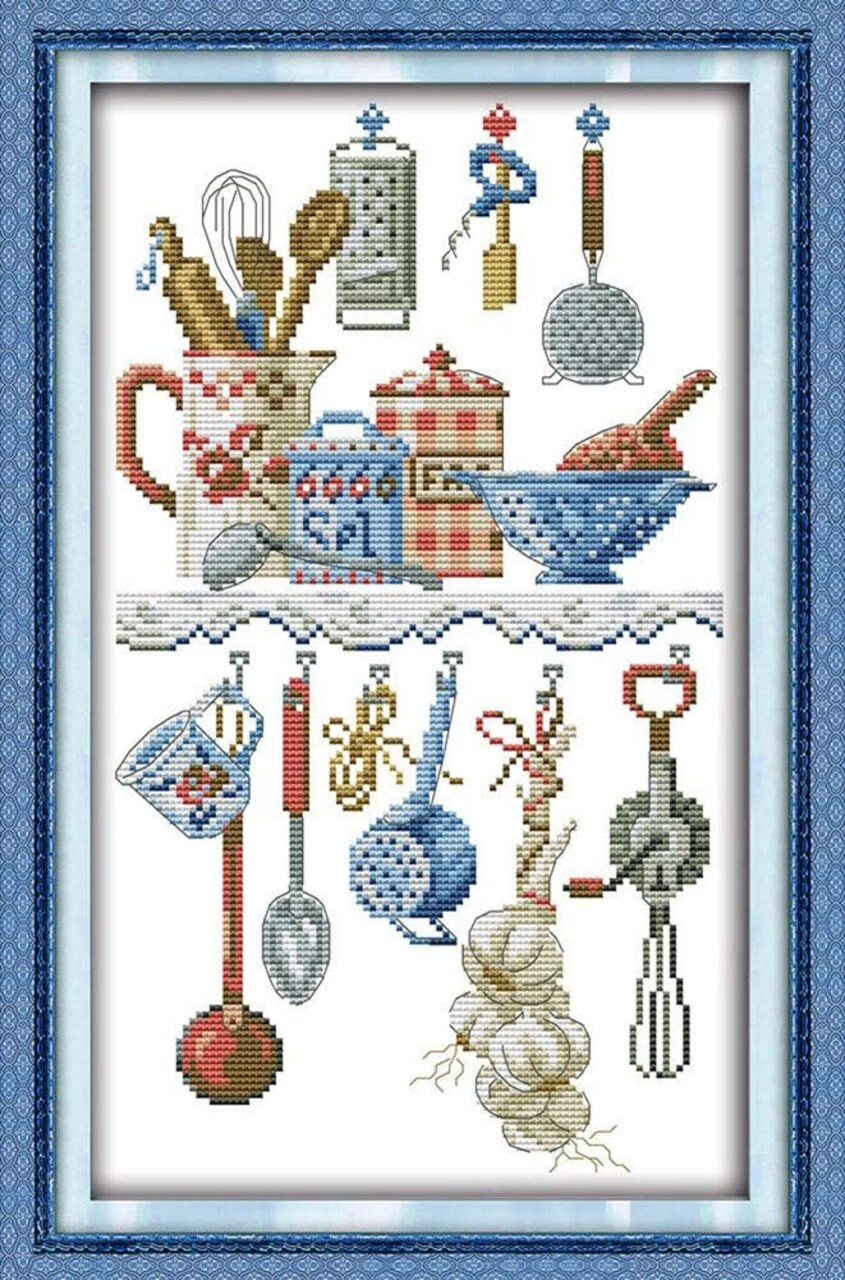 Kitchenware Abstract Cross Stitch Kit – Beginner-Friendly Stamped or Counted Embroidery DIY with Threads & Needles, Easy Patterns for Adults & Kids, Wall Décor, Stamped 11CT
